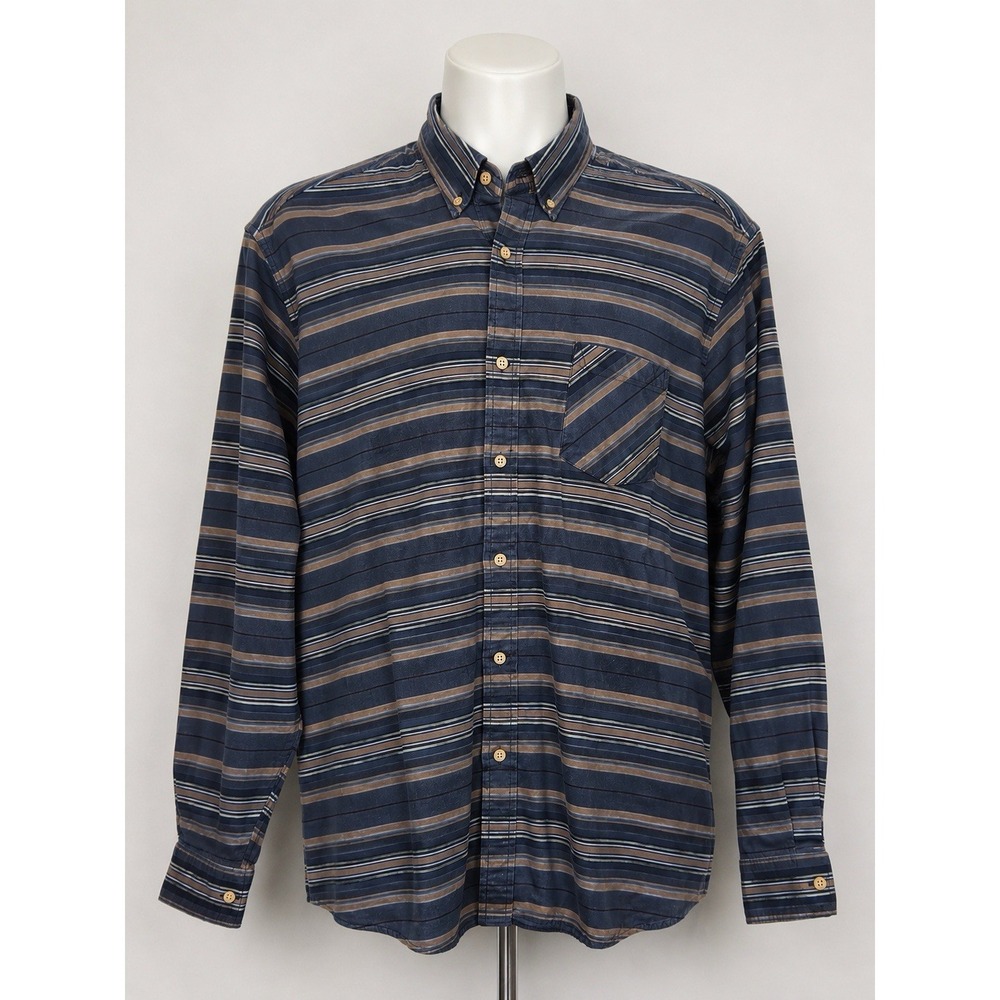 ROWM Men's XL Blue Brown Striped Button Down Long Sleeve Shirt Pocket Casual